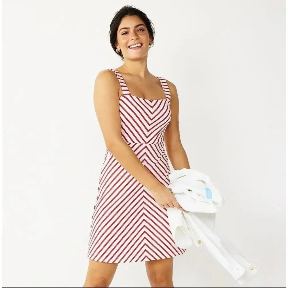 DRAPER JAMES RSVP Cinched Waist Women's red white stripes Dress size L